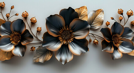 Three Posters with 3D Black and Gold Flowers