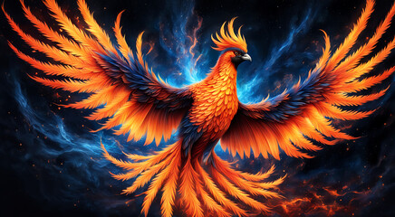 Fototapeta premium Phoenix bird fire fantasy firebird abstract magic 3D eagle animal. Phoenix bird fire tale character illustration render hawk fairy wings graphic feather gold background Fenix logo icon red art phoeni