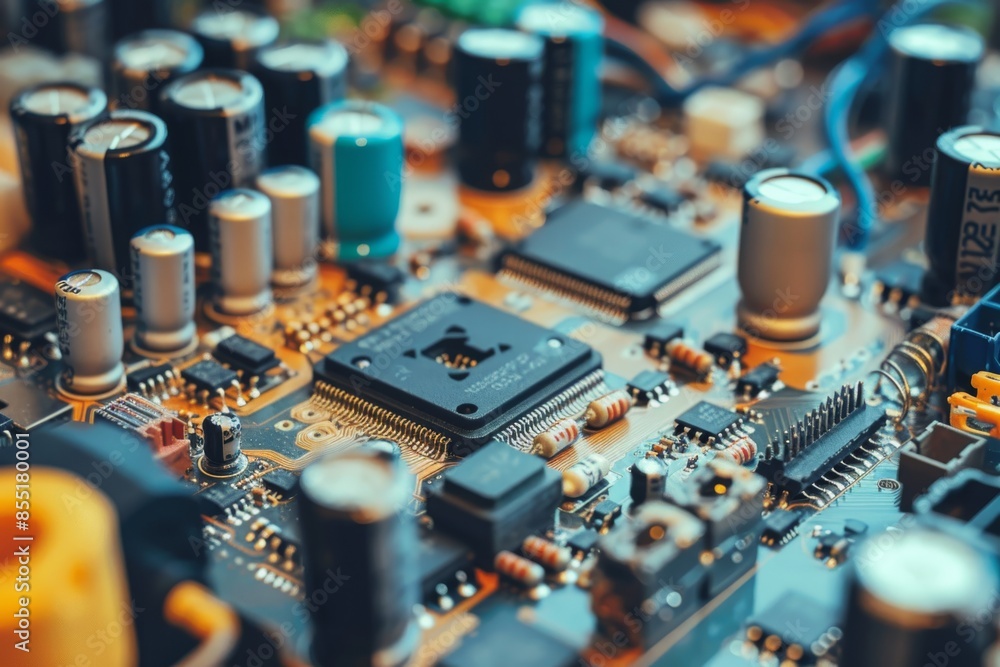 Poster close-up of electronic circuit board with various components and microchips. macro shot.