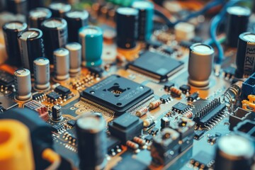 Close-up of electronic circuit board with various components and microchips. Macro shot.