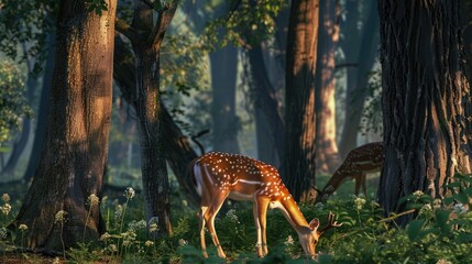 Spotted deer grazing in the forest with a view of the rear
