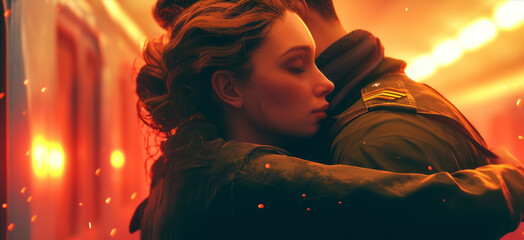 tender moment of a soldier reuniting with their partner at a train station, with emotional expressions and a warm embrace.