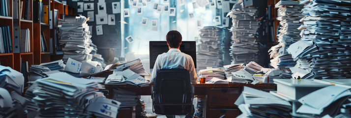 employee surrounded by piles of paperwork or staring at a computer screen, embodying the stress of work overload