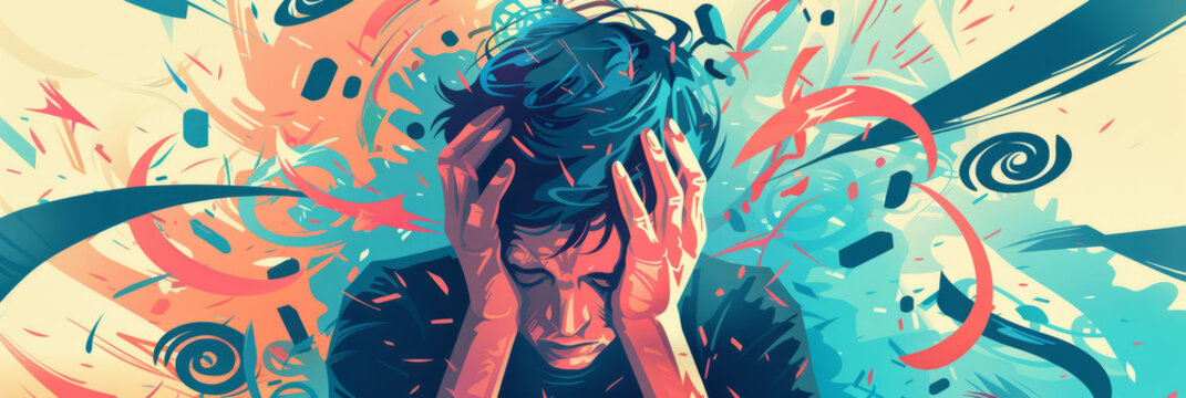 person feeling overwhelmed, with anxiety symbols radiating from their head.