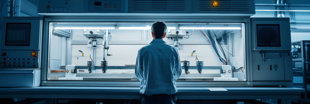An injection molding machine churning out plastic components, with a technician monitoring the gauges and controls