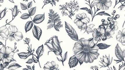 Obraz premium Beautiful seamless watercolour illustration wild blooming floral pattern, delicate flowers, white, blue and light blue flowers, greeting card template on light grey background.