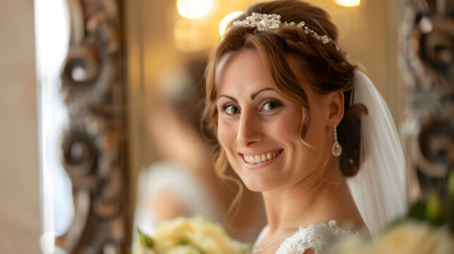Retrato de novia sonriente con ramo de flores reflejada en un espejo