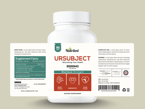 Food supplement vitamin herbal label sticker design dietary organic capsule modern bottle jar box packaging.