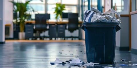 the trash can stands in the corner of the office full of crumpled papers