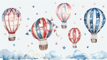 Hot air balloons in watercolor style. pattern with cute cartoon air balloons.