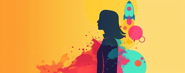 Colorful abstract silhouette of a woman with splashes of paint and a rocket, symbolizing creativity, innovation, and forward-thinking.