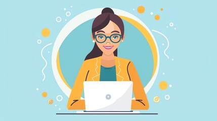 Businesswoman working on a laptop, illustration showing a professional woman with glasses and a ponytail in a yellow jacket against an abstract background