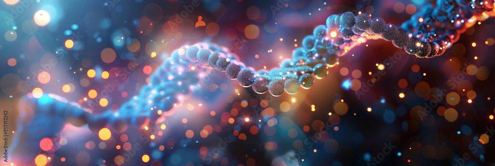 Poster dynamic digital representation of dna strand with colorful glowing particles in a vibrant bokeh back