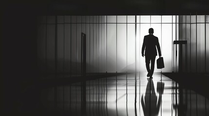 Silhouette of a businessperson with a briefcase, minimalist, black and white tones, vector art, clean lines, representing professionalism and corporate identity