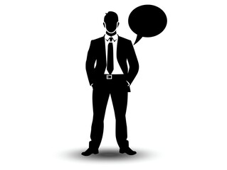 Silhouette of a businessman in a suit with a speech bubble. Professional, corporate, communication, and leadership concept.
