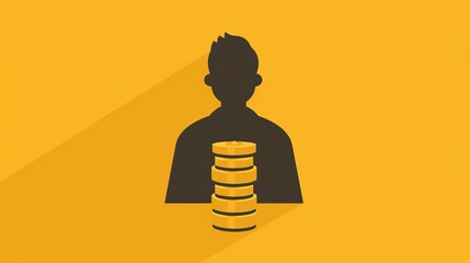 Silhouette of a person with stacked coins on a yellow background, representing wealth, investment, or financial growth.