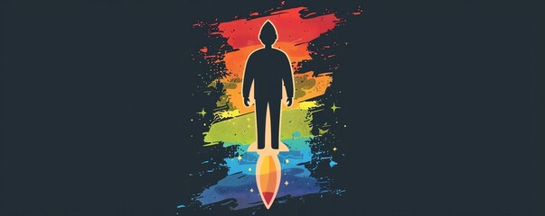 Silhouette of a person standing over a rocket with a colorful abstract background, representing creativity and imagination.