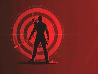 Silhouette of an archer with a bow and arrow against a red target background, representing aim, precision, and focus in a minimalist style.