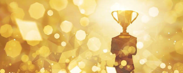 Silhouette of person holding a trophy against a golden bokeh background, symbolizing victory and achievement.