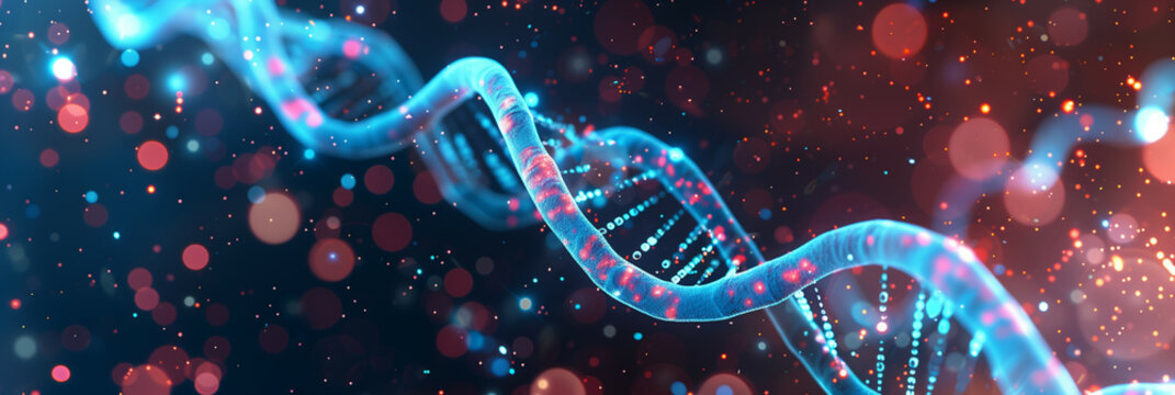 Dynamic Digital Representation of DNA Helix with Glowing Particles and Bokeh Background - Powered by Adobe