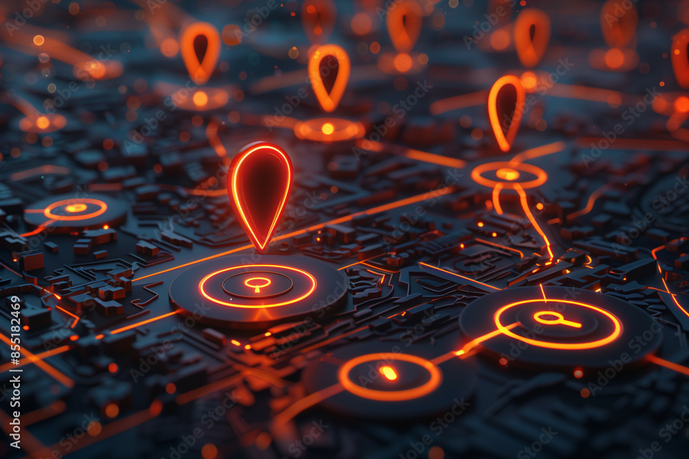 Poster futuristic network map with glowing location markers on a complex circuit board, emphasizing advance
