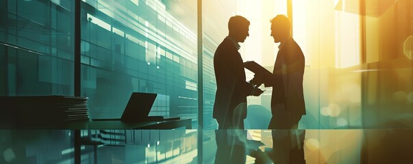 Business professionals shaking hands in a corporate office setting with sunlit windows, signifying a successful partnership or agreement.