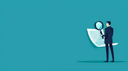 Side view flat design of a businessperson reviewing a contract with a magnifying glass, ensuring all terms are clear before signing, representing due diligence