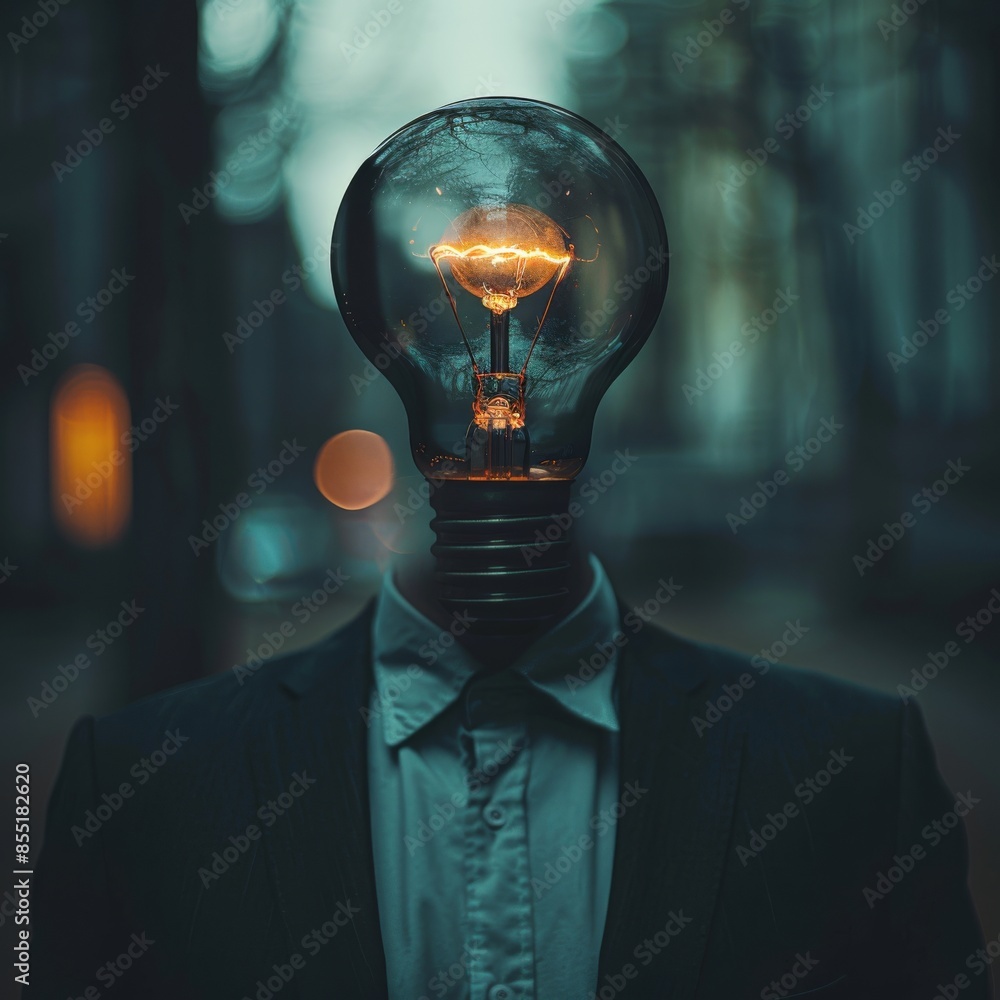 Poster lightbulb-headed figure in suit. a surreal image of a person with a lightbulb for a head, dressed in