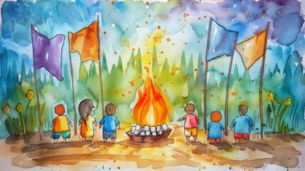 Obraz premium The image shows a group of children sitting around a campfire