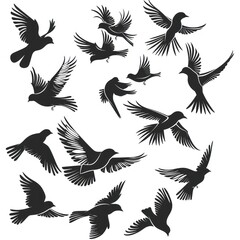 Obraz premium Vector silhouette of a pigeons flock isolated on white background. Pigeons in flight and sitting in different poses.