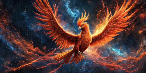  Phoenix bird fire fantasy firebird abstract magic 3D eagle animal. Phoenix bird fire tale character illustration render hawk fairy wings graphic feather gold background Fenix logo icon red art phoeni