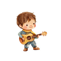 kid playing ukulele vector illustration in watercolor style