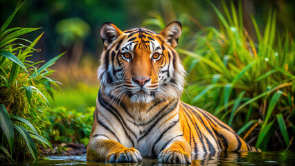 Obraz premium A Bengal tiger in its natural habitat, symbolizing the wild beauty and rich biodiversity of India. Digital art ideal for travel brochures, wildlife conservation campaigns, vibrant wall art.