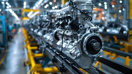 Fototapeta premium Close-Up of High-Tech Engine on Assembly Line in Modern Automotive Manufacturing Facility Using AI