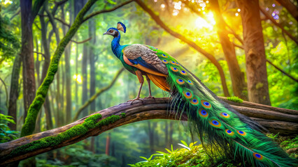 Naklejka premium A peacock perched on a branch in a lush forest, its vibrant plumage illuminated by dappled sunlight. Ideal for themes of natural beauty, wildlife conservation, and environmental awareness.