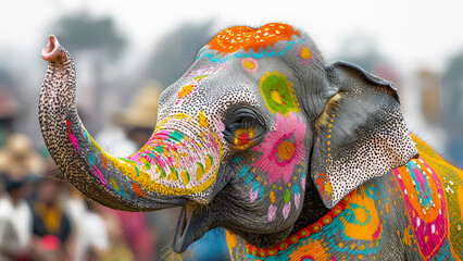 A young elephant, festively decorated, celebrates a traditional holiday. Digital art is ideal for travel brochures, traditional holiday materials and holiday promotions.