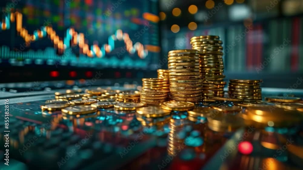 Poster a close-up shot of gold coins stacked on a table with a stock chart in the background. the coins rep
