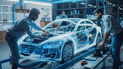 Technicians performing detailed inspections and testing on a holographic electric vehicle model in a modern engineering facility