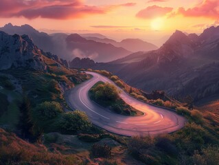A curvy road winds through the mountains in sunset