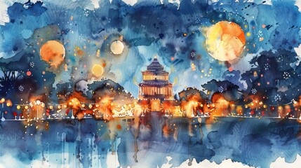 Obraz premium The watercolor painting shows a beautiful cityscape with a lake, bridge and traditional chinese buildings. The full moon is rising in the background.