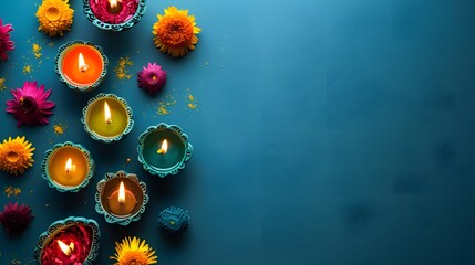 Colorful Diwali celebration arrangement with lit clay diya lamps and flowers on a blue background, ideal for festive themes