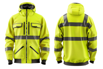 Waterproof and reflective safety jacket with hood in front and back. Transparent background