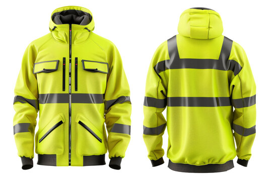 Waterproof and reflective safety jacket with hood in front and back. Transparent background