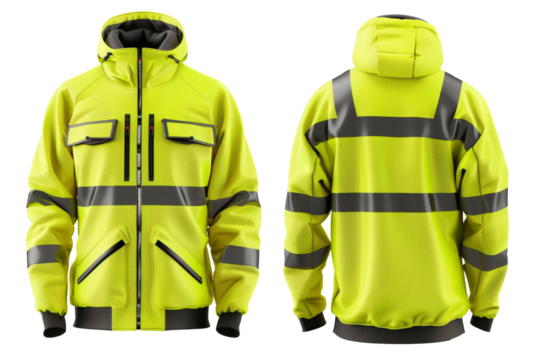 Waterproof and reflective safety jacket with hood in front and back. Transparent background
