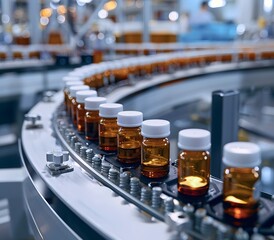 Amber Bottles with White Caps Moving on Curved Conveyor Belt in Pharmaceutical Factory, Automated Production Line