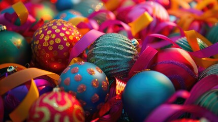 Obraz premium Vibrant festive ornaments made of ribbons and spheres