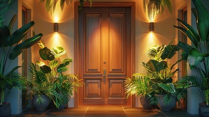 Charming Entryway A charming residential doorway is adorned with lush plants and subtle lighting, offering inspiration for decor advice columns and DIY projects