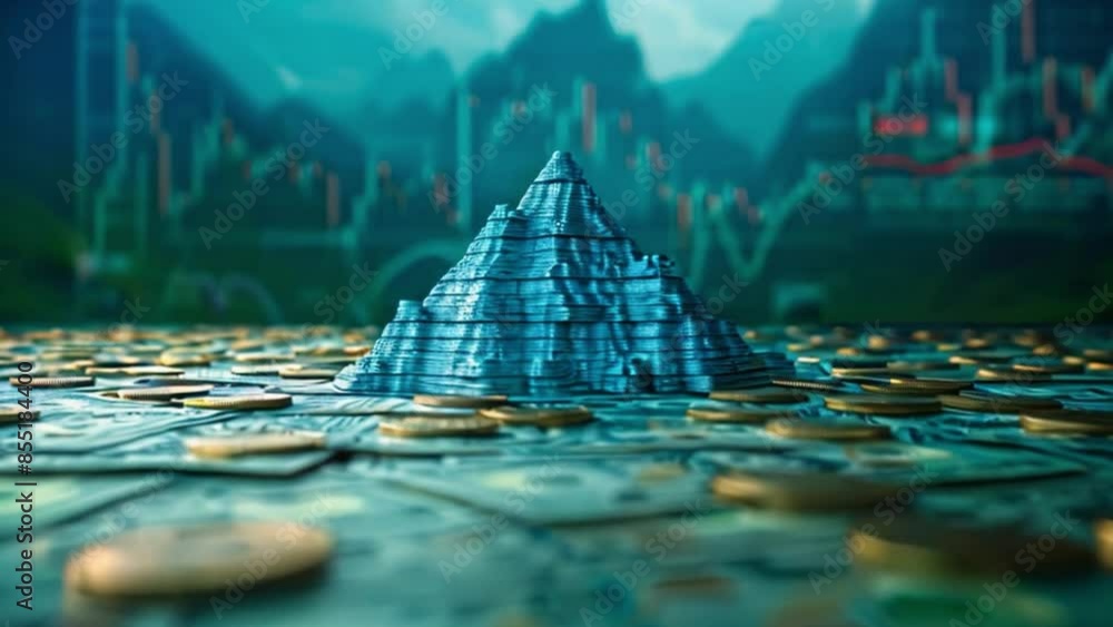 Poster a model of a pyramid stands on a pile of money with a stock chart visible in the background.