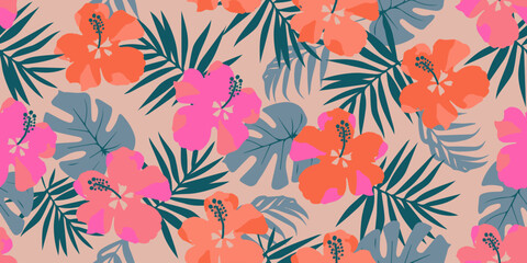 Hand drawn tropical flowers, seamless patterns with floral for fabric, textiles, clothing, wallpaper, cover, banner, interior decor, abstract backgrounds. vector illustration.