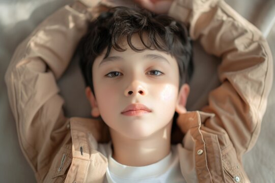 A young boy reclining on a bed, possibly tired or resting